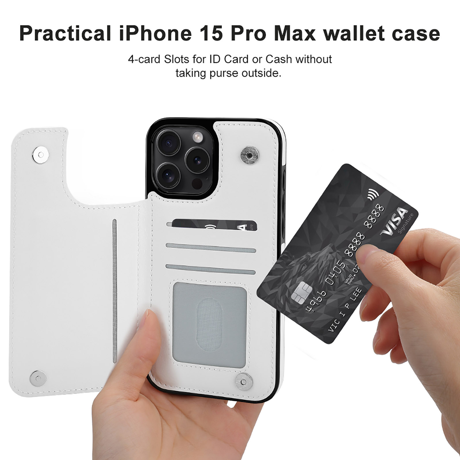 iPhone 15 Pro Max wallet case, white leather design, card slot, full protection, showing a card being inserted.