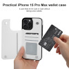 iPhone 15 Pro Max wallet case, white leather design, card slot, full protection, showing a card being inserted.