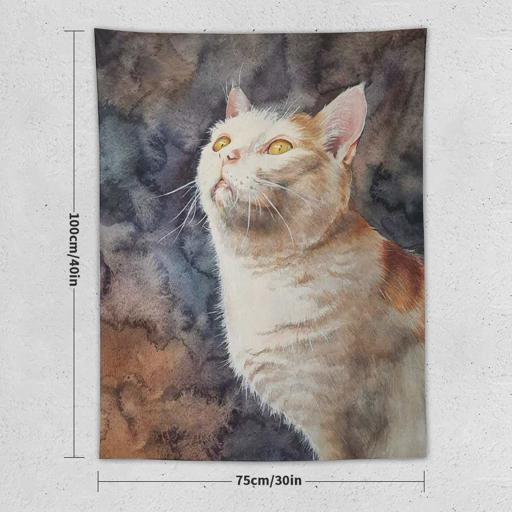 Vertical polyester tapestry featuring a curious cat, perfect for wall decor.