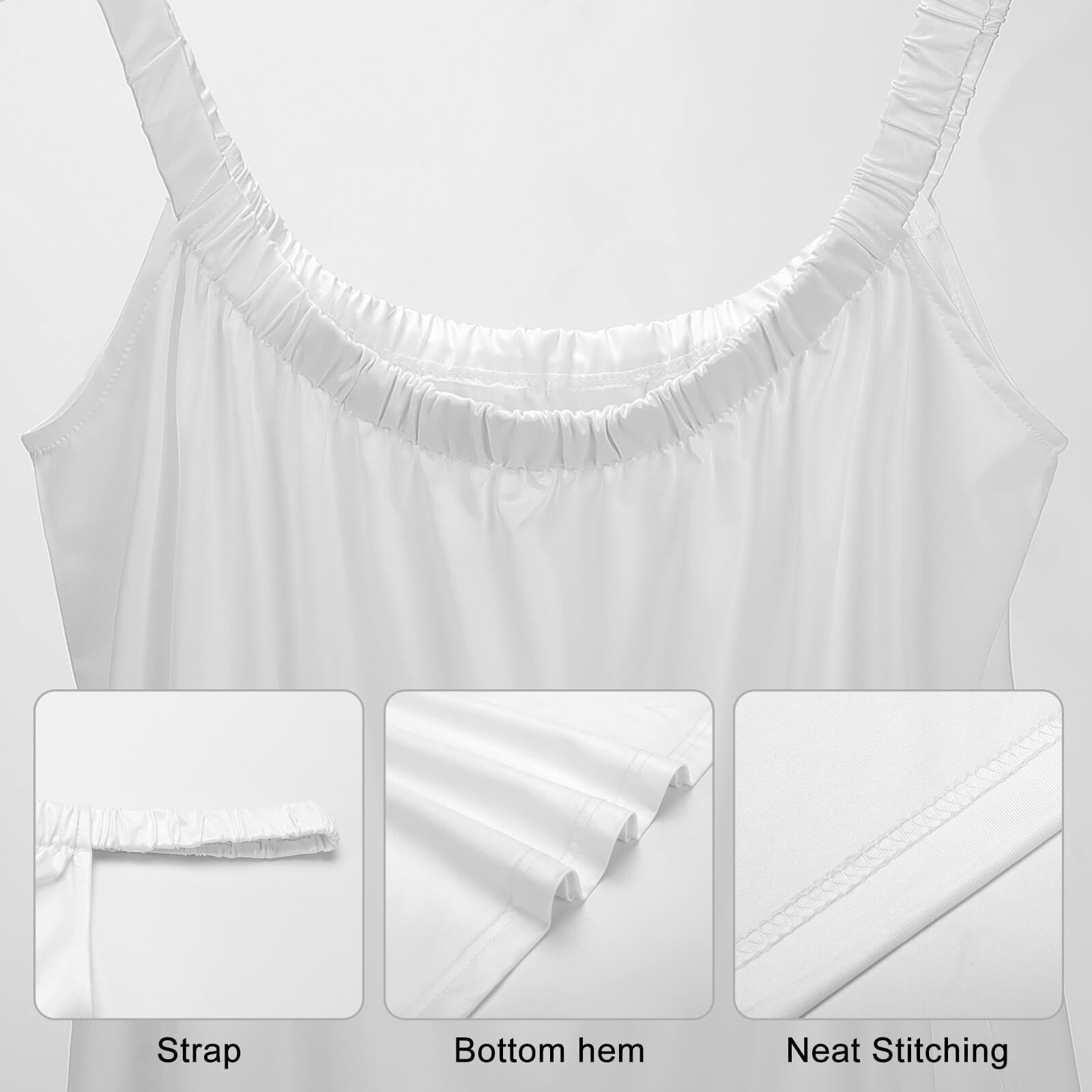 White beach sling skirt details: strap, bottom seam, neat stitching, perfect for party or vacation