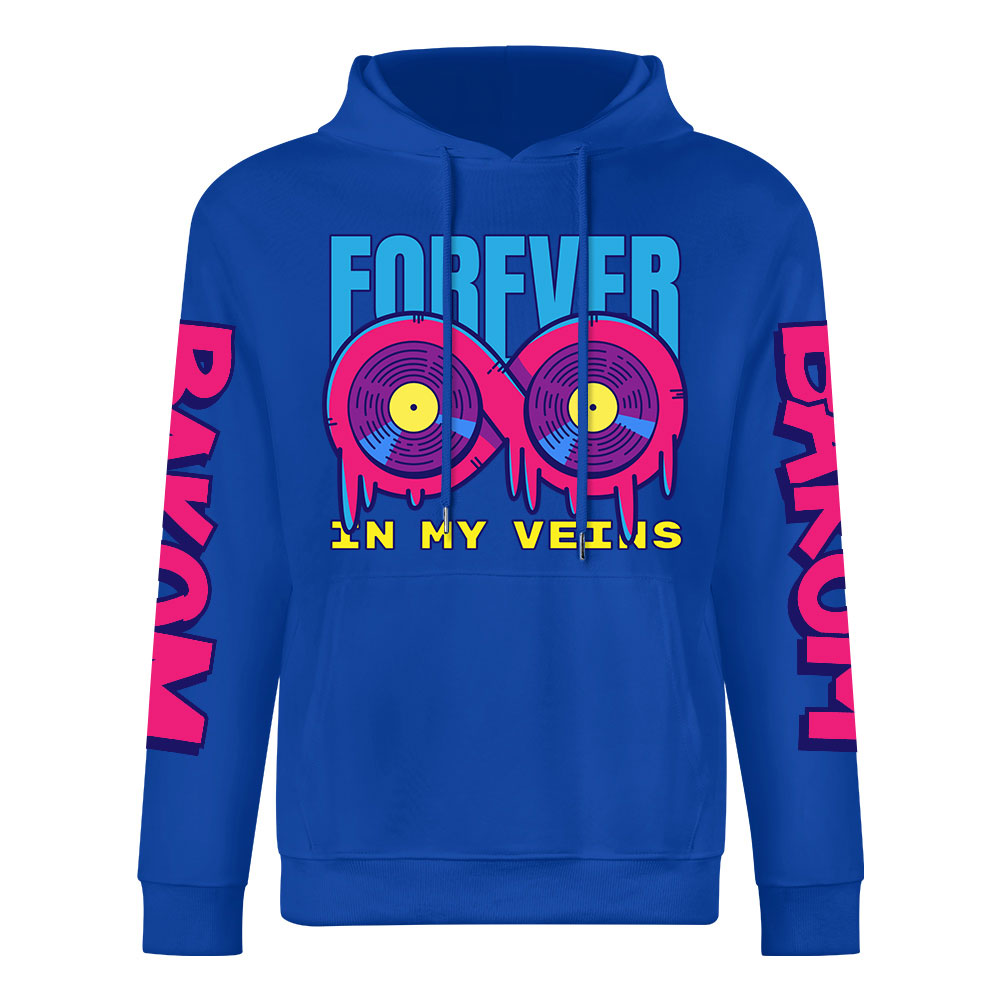 Royal blue cotton hoodie with FOREVER donut graphic, DAKUM sleeve prints, youth fashion style.