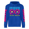 Royal blue cotton hoodie with FOREVER donut graphic, DAKUM sleeve prints, youth fashion style.