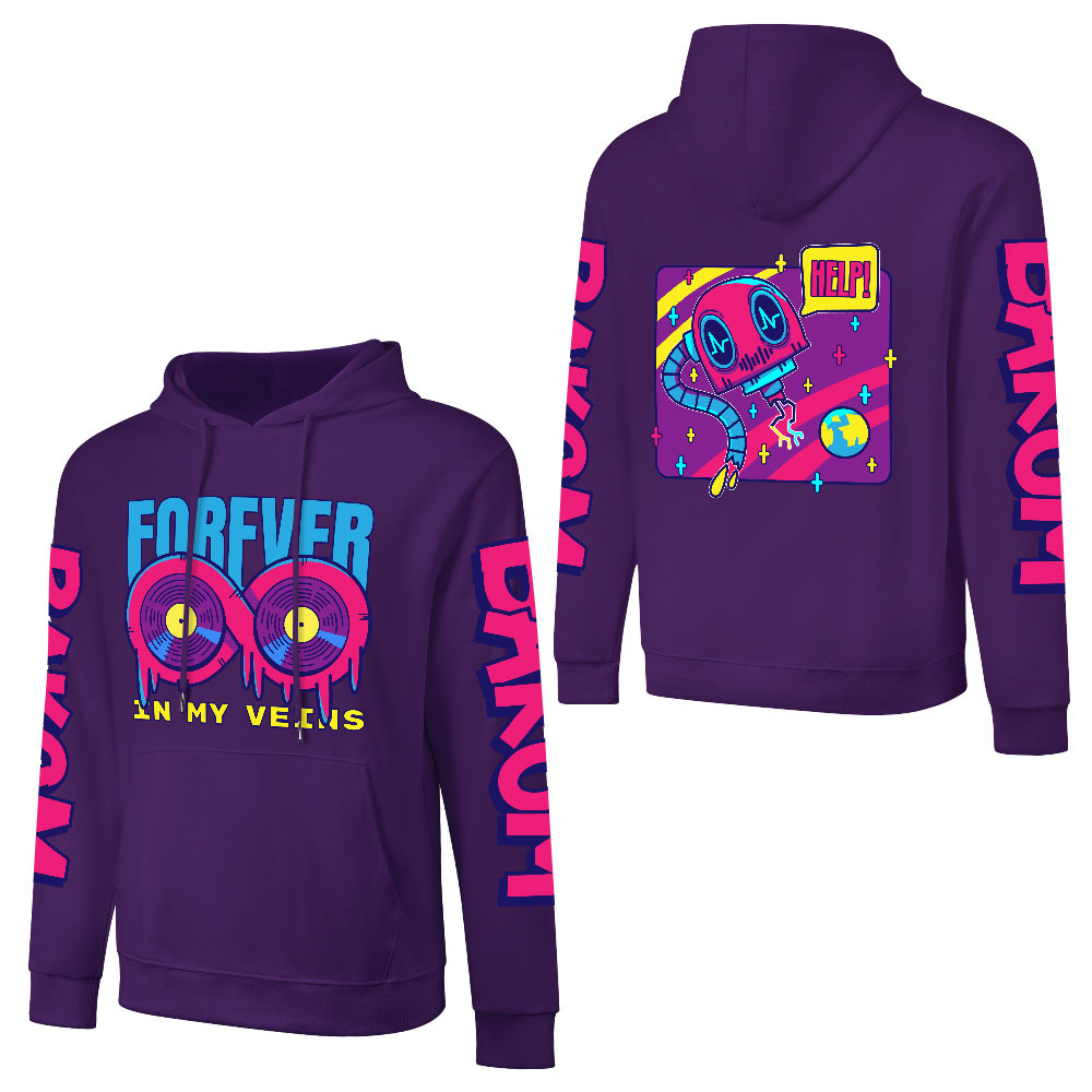 Purple cotton hooded sweater with 'FOREVER 99' design and sleeve prints, Youth Personality style, for fashionistas.