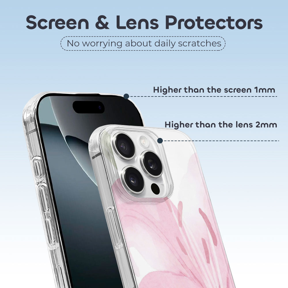 iPhone 16 Series case with screen and lens protectors, TPU material, pink floral design, stylish protective cover.
