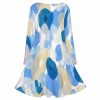 Oversized V-neck dress with abstract blue and beige pattern, polyester blend, suitable for leisure.