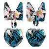 Floral print V-neck knotted bikini, high-waisted, polyester-spandex blend