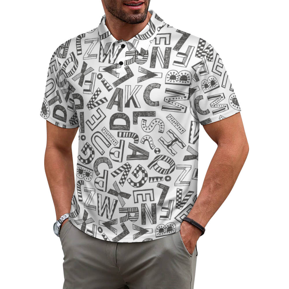 Men's white polo shirt with shoulder buttoned design and abstract letter pattern, a comfortable and versatile shirt.