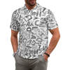 Men's white polo shirt with shoulder buttoned design and abstract letter pattern, a comfortable and versatile shirt.