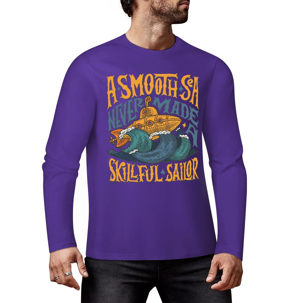 Purple pure cotton long sleeve T-shirt with ASMODUS Shark Attack graphic for casual wear.