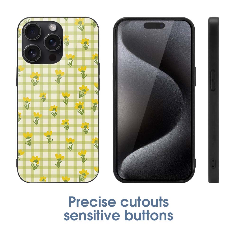 iPhone 15 case with yellow gingham floral pattern and precise cutouts for sensitive buttons, Glass + TPU.
