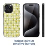 iPhone 15 case with yellow gingham floral pattern and precise cutouts for sensitive buttons, Glass + TPU.