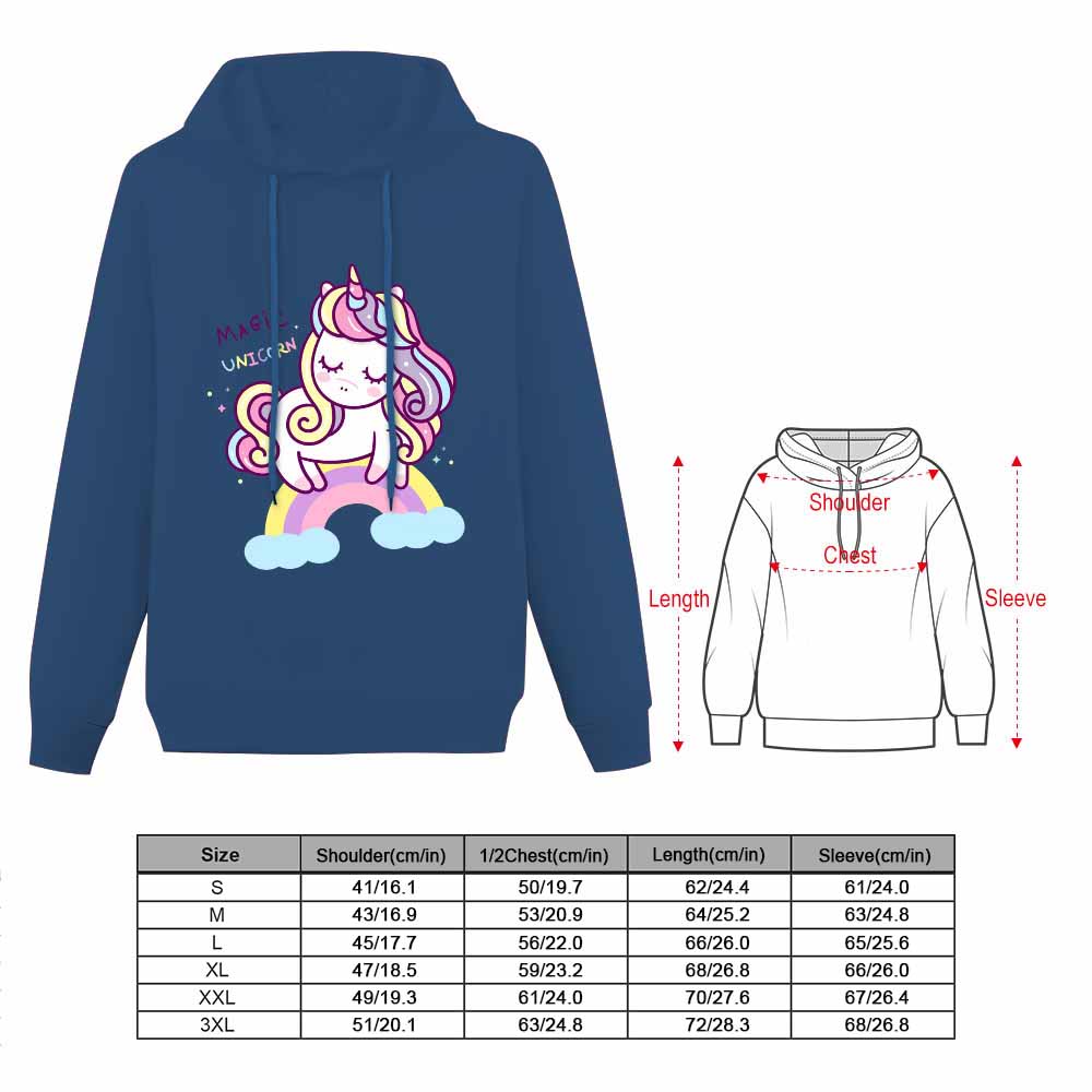 Navy unicorn hoodie sweatshirt, cotton blend, comfortable fit. Includes size chart and design details for women.