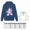Navy unicorn hoodie sweatshirt, cotton blend, comfortable fit. Includes size chart and design details for women.