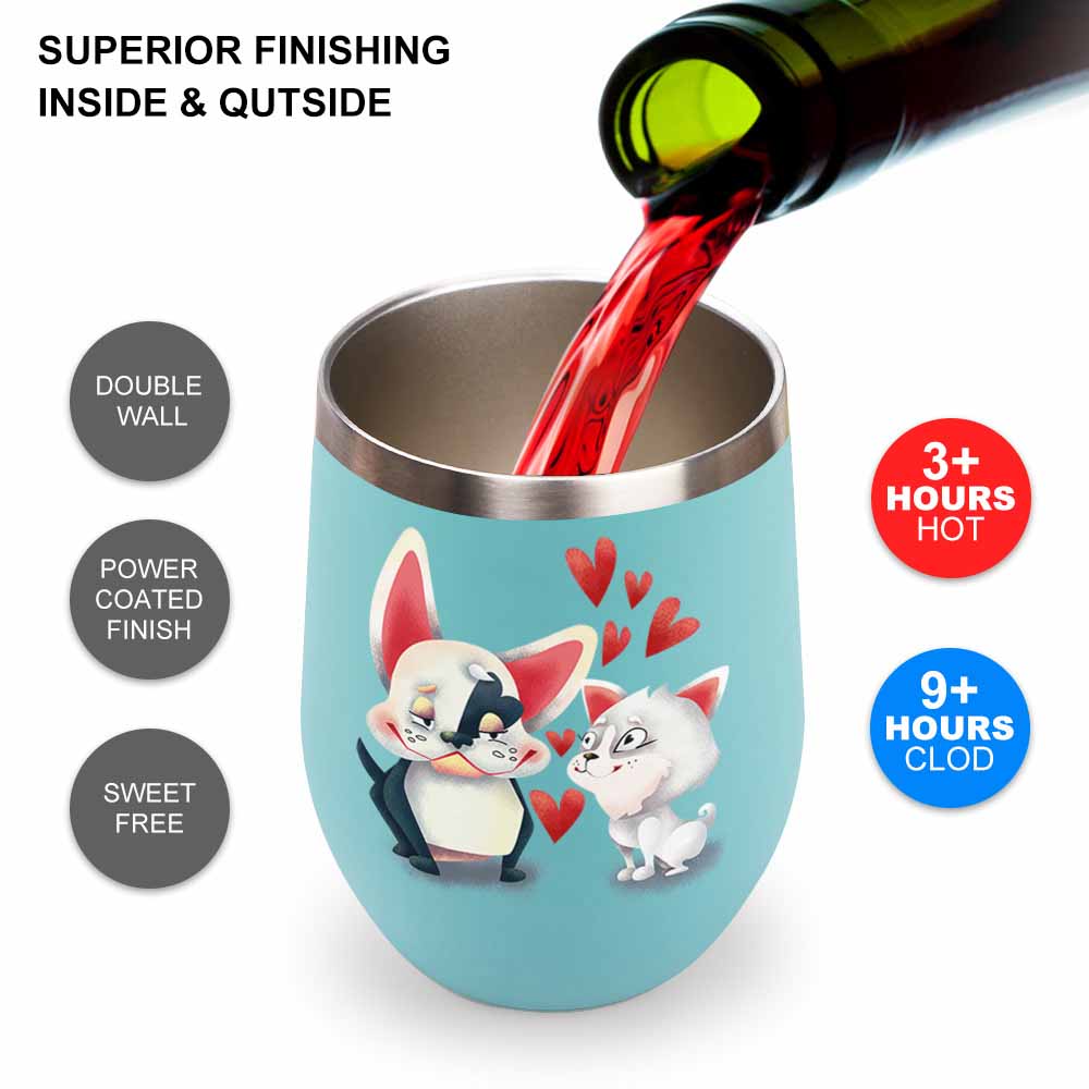 Teal insulated cup with cat and fox design, filled with red wine, Superior Finishing.