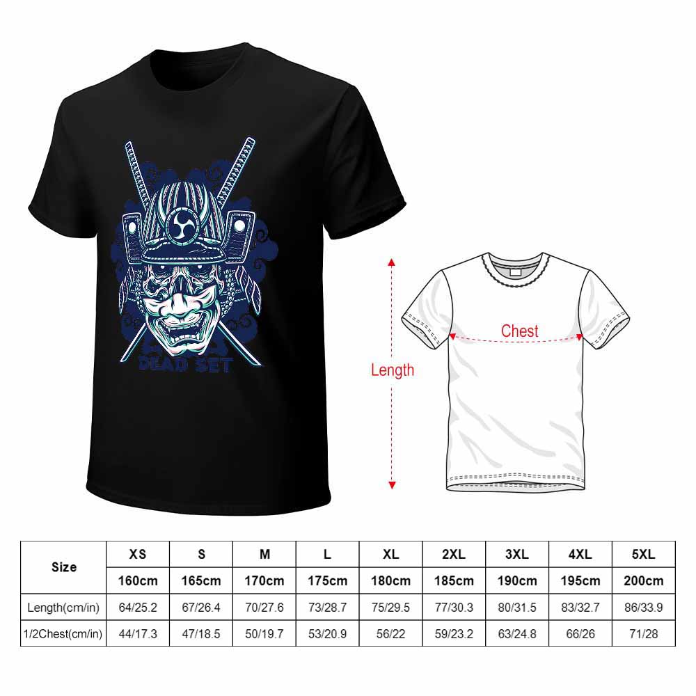 Black cotton samurai skull T-shirt with size chart. Perfect for leisure and events, 100% cotton.