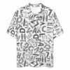 Men's white polo shirt with shoulder buttoned design and abstract letter pattern, pique cloth.
