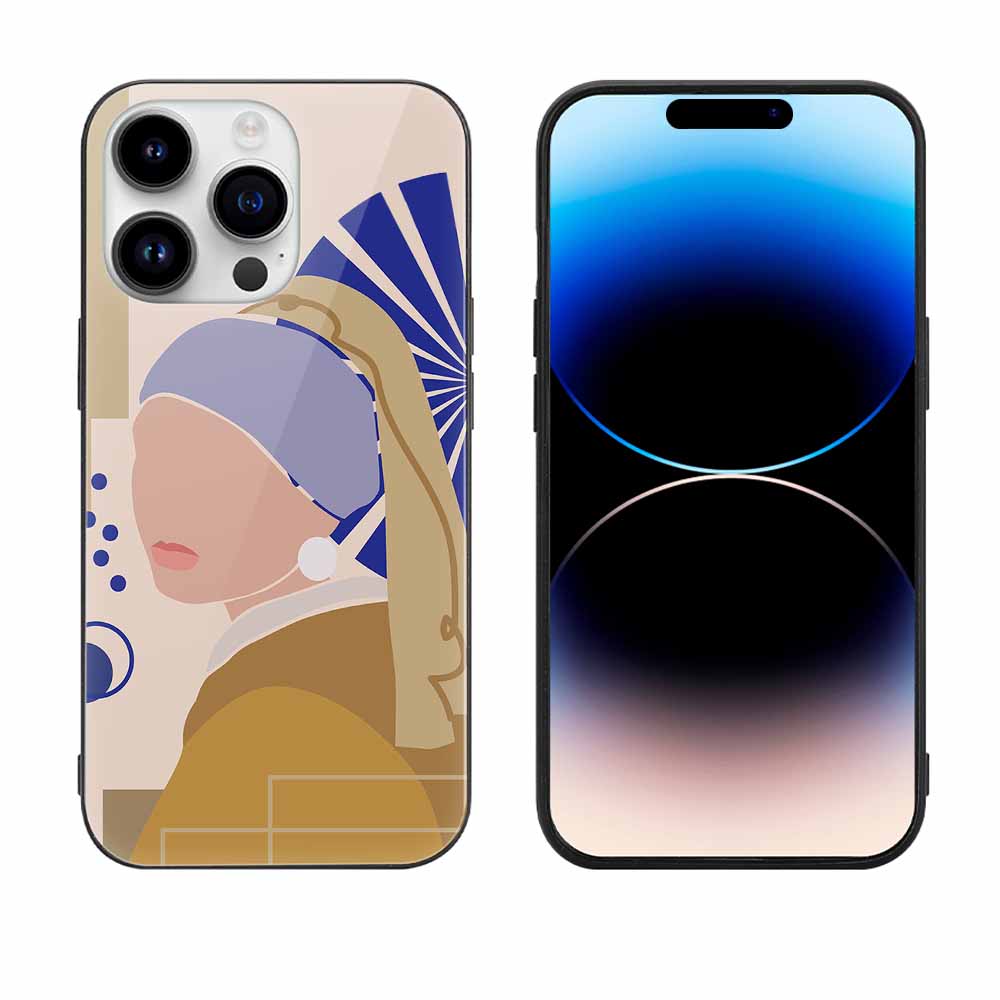 iPhone 14 glass case with "Girl with a Pearl Earring" art design. Protective glass case with TPU material.