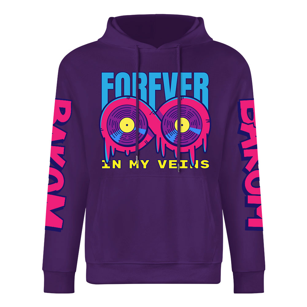 Purple cotton hoodie with 'FOREVER' donut graphic, DAKUM and CHRONM sleeve prints, youth fashion style.