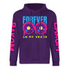 Purple cotton hoodie with 'FOREVER' donut graphic, DAKUM and CHRONM sleeve prints, youth fashion style.