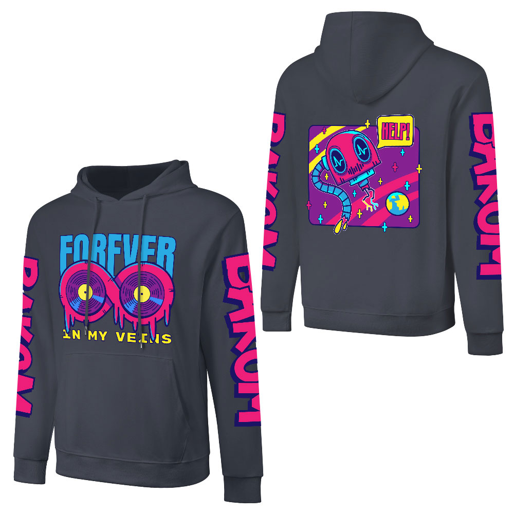 Navy blue cotton hooded sweater with FOREVER 99 design, sleeve prints, youth fashion style.