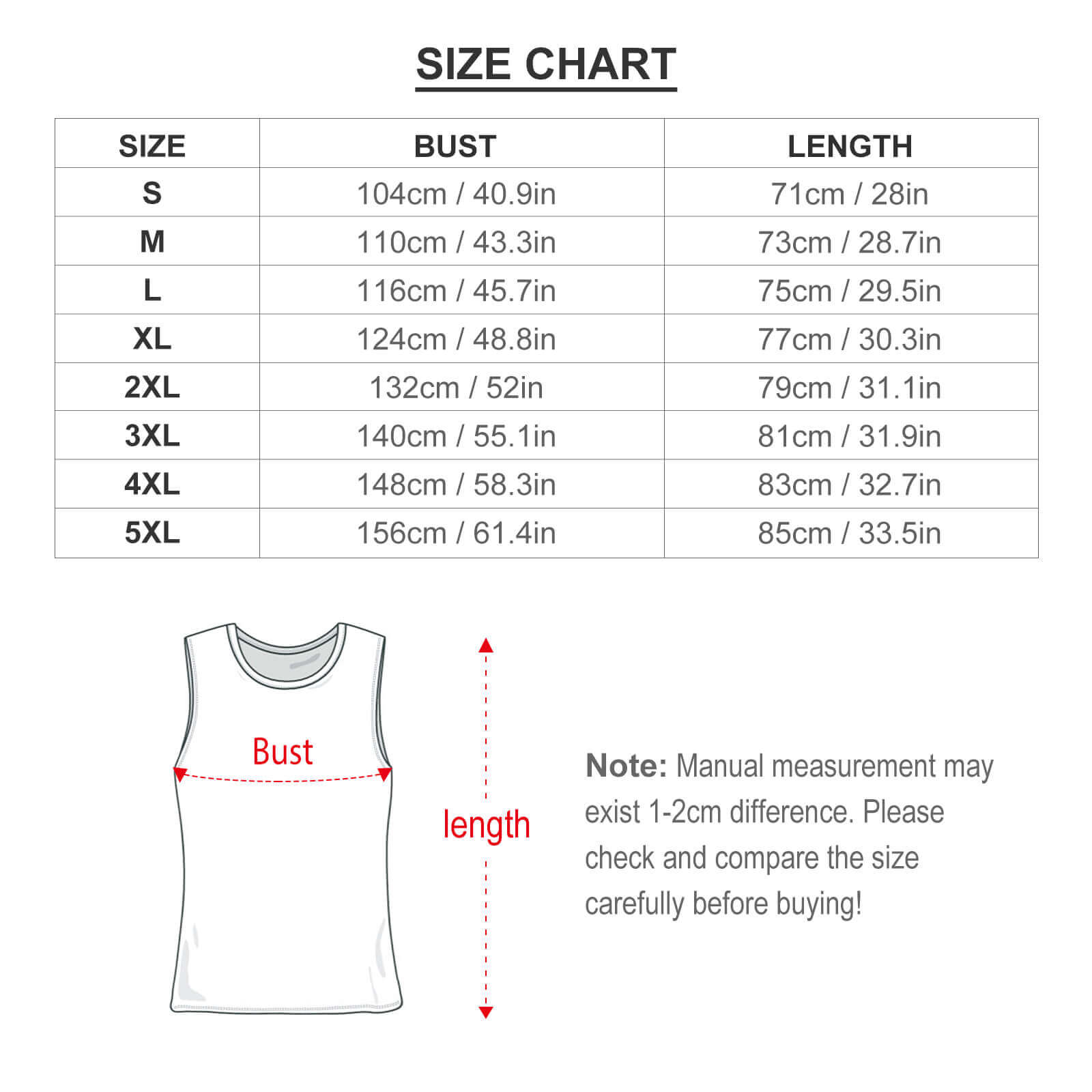 Men's full print vest size chart with bust and length measurements, EU sizes.
