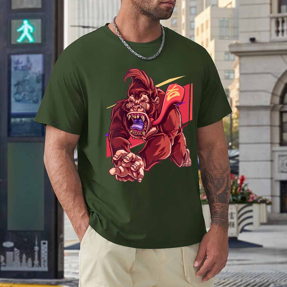 Green cotton men's t-shirt with red monster graphic print by Inkedjoy