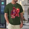 Green cotton men's t-shirt with red monster graphic print by Inkedjoy