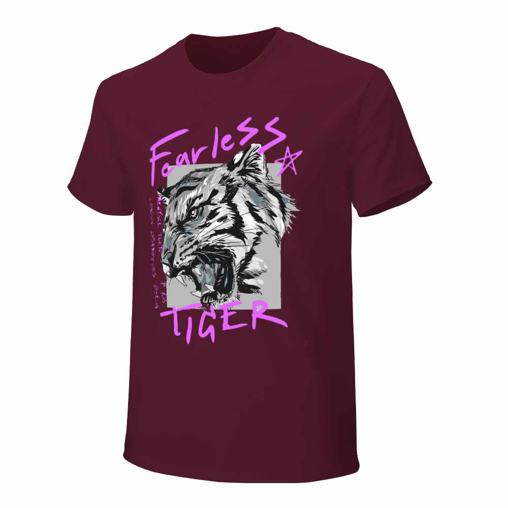 Men's dark red cotton 'Fearless Tiger' graphic tee. collection. Front view.