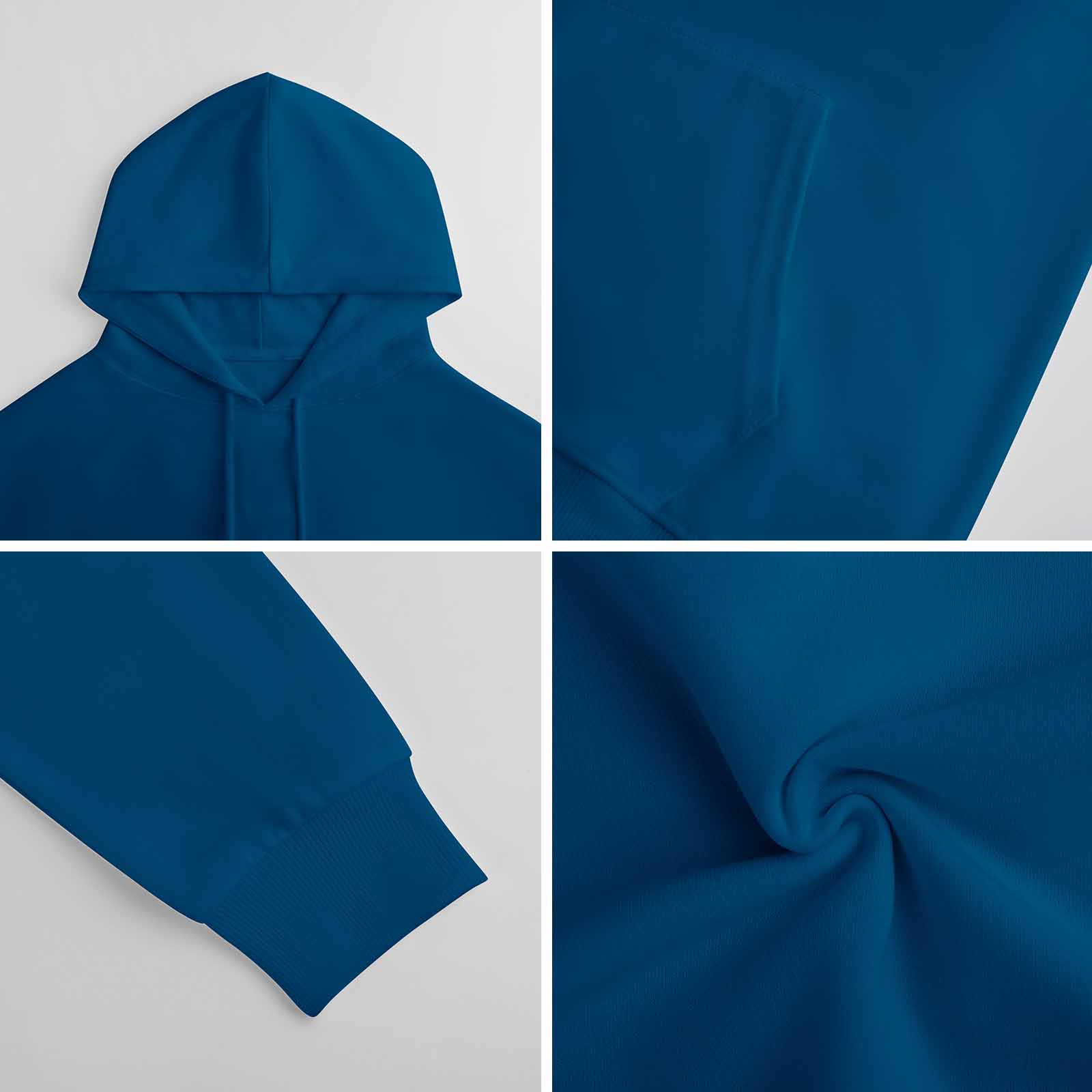 Navy blue cotton hooded sweater fabric detail: hood, sleeve, and texture, youth fashion.