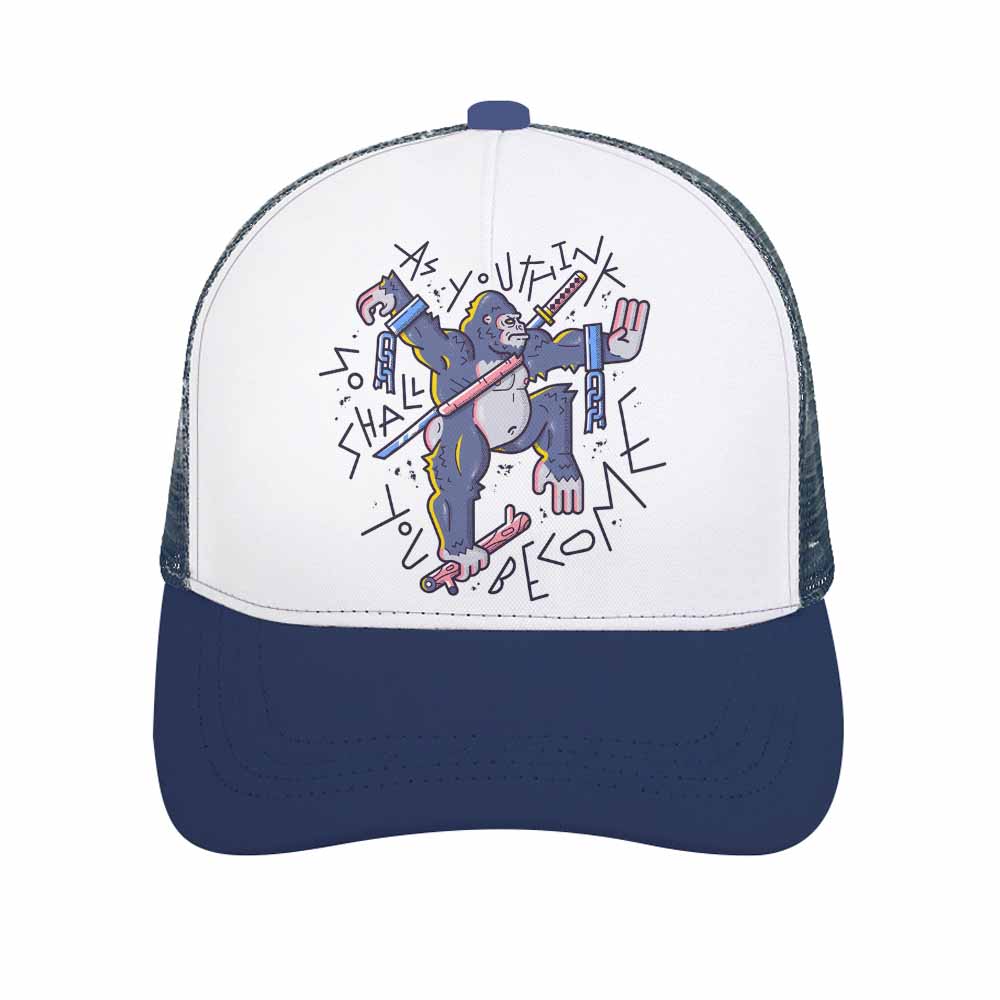 Navy blue and white baseball cap with a graphic design and mesh back, curved brim, perfect for outdoor activities.