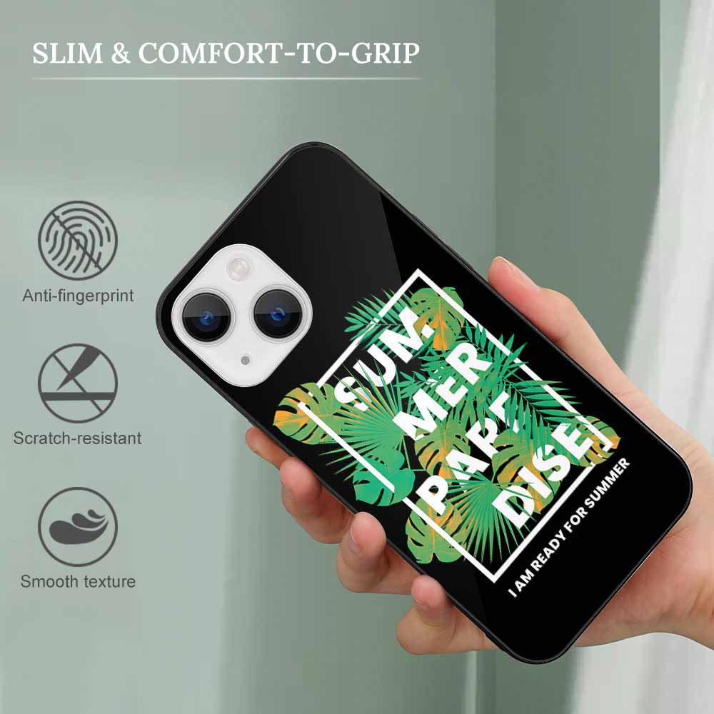 iPhone 13 glass case, SUMMER PARADISE design, scratch-resistant, wireless charging