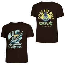 Brown cotton surfing tee with 'Wild Wave California' front and 'Catch the Wave Surfing' back print, summer fashion.