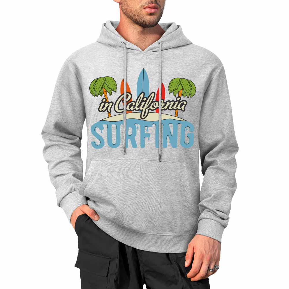 Grey cotton Surfing hoodie for men, loose fit design, suitable for daily wear, available in multiple colors.