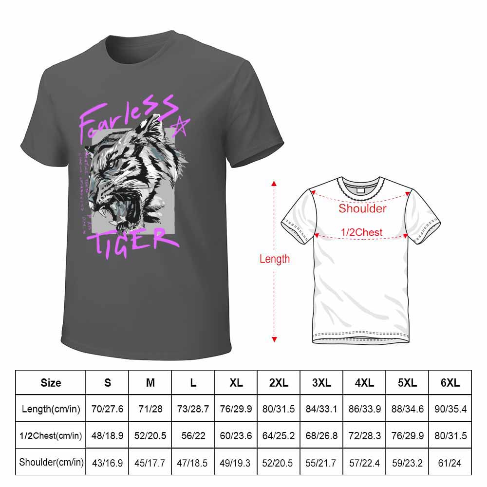 Men's dark gray cotton Fearless Tiger tee with size chart, collection