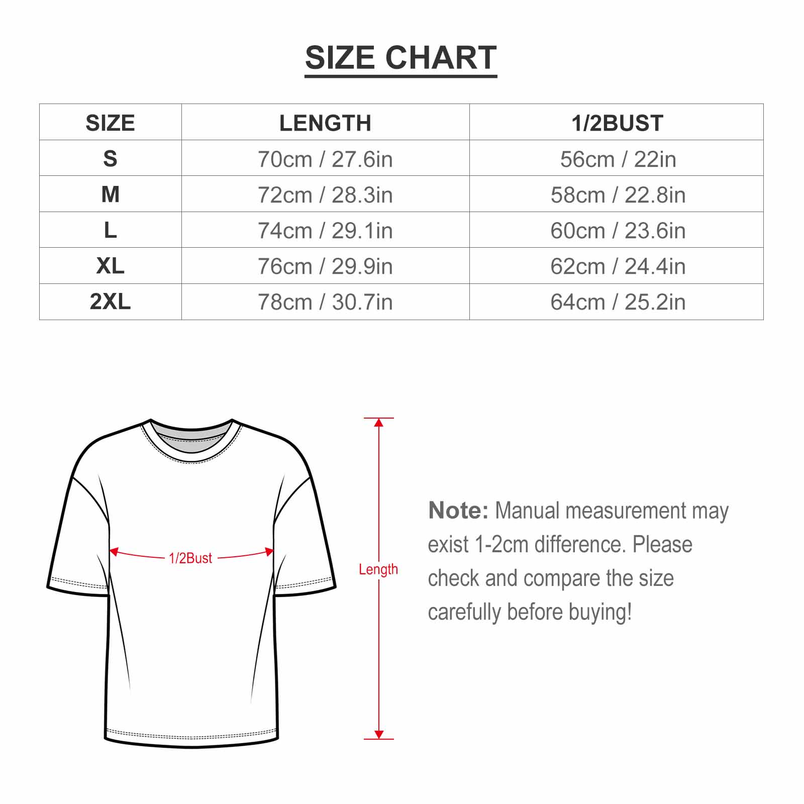 Size chart for hot vintage wash off-shoulder T-shirt, including length and bust measurements in cm and inches.