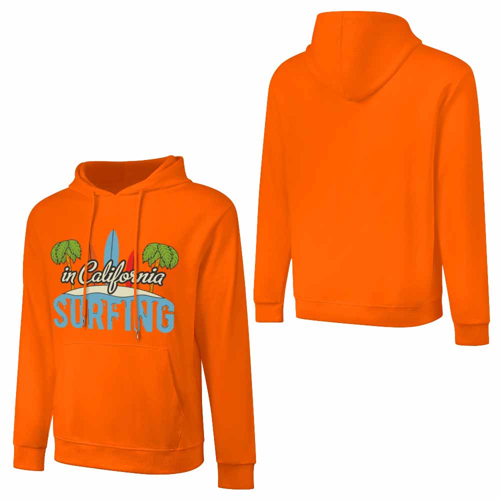 Orange cotton hoodie with CALIFORNIA SURFING graphic, loose fit, suitable for daily wear