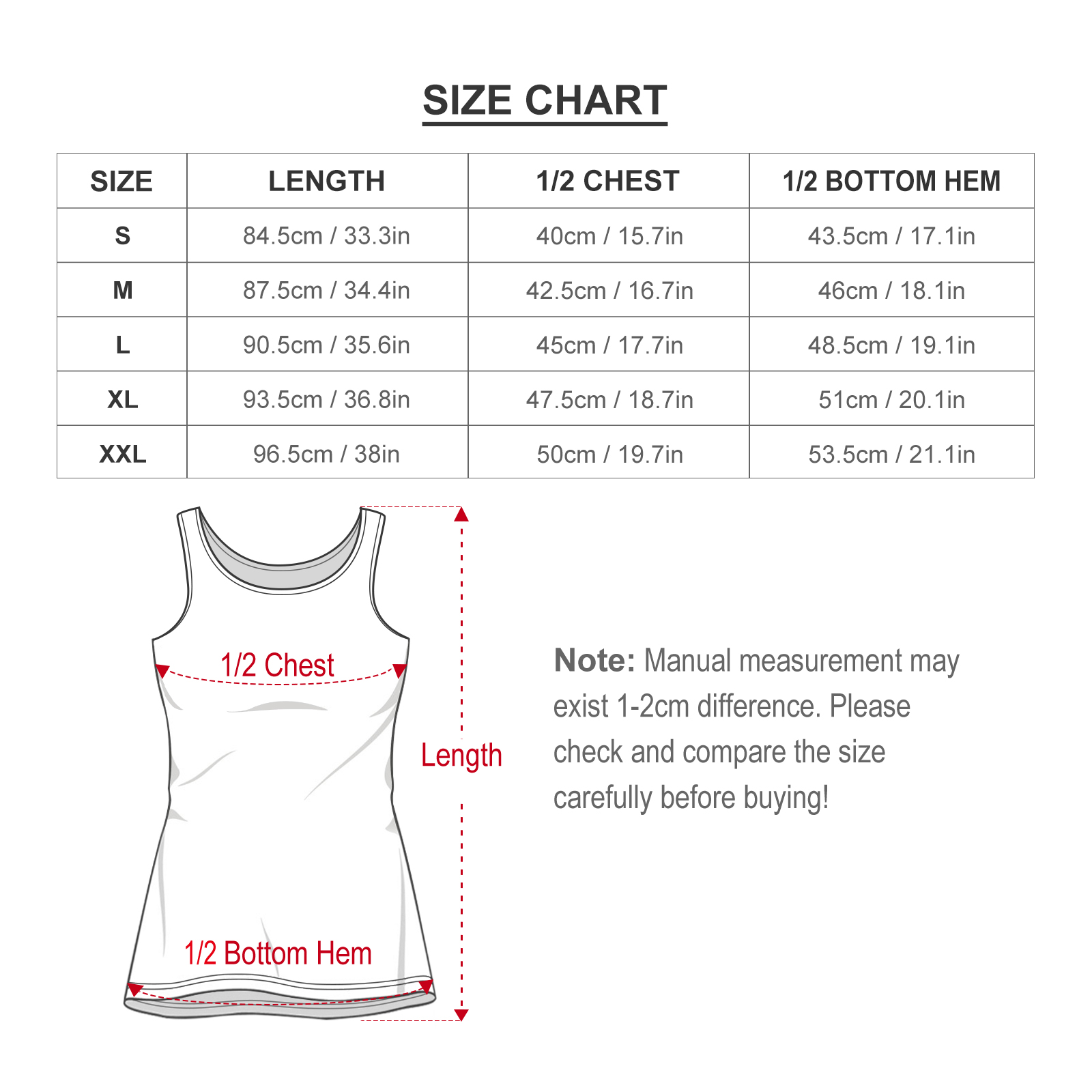 Temperament Slim Fit Sleeveless Tank Dress Size Chart - Measurement in cm and inches
