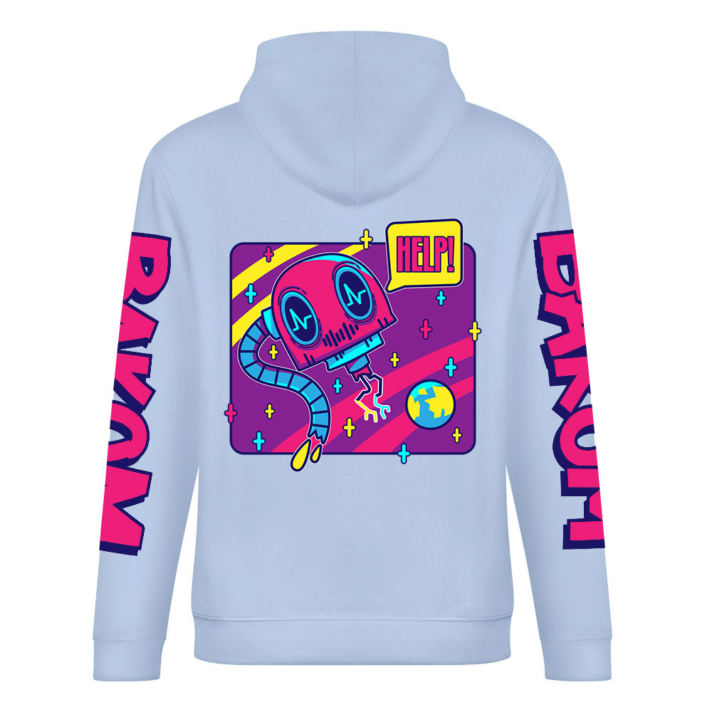Light blue cotton hoodie with DAKUM and BRANUIT sleeve prints, youth fashion