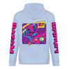 Light blue cotton hoodie with DAKUM and BRANUIT sleeve prints, youth fashion