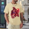 Men's beige cotton t-shirt with red monster graphic print, Inkedjoy