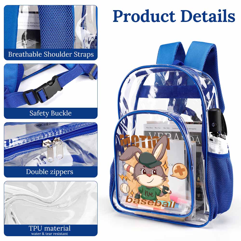 Blue PVC transparent backpack with adjustable straps, buckle, zipper & durable material.