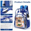 Blue PVC transparent backpack with adjustable straps, buckle, zipper & durable material.