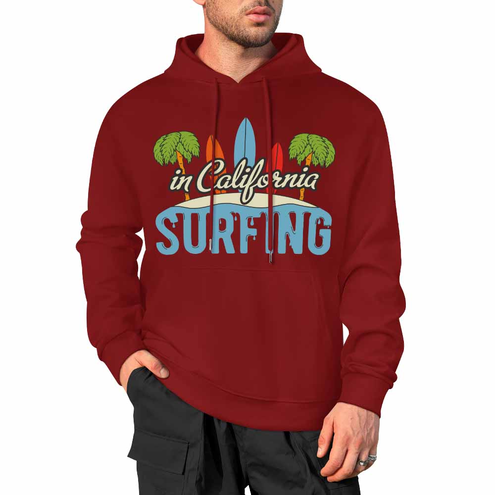 Burgundy cotton California Surfing hoodie, loose fit, suitable for daily wear.