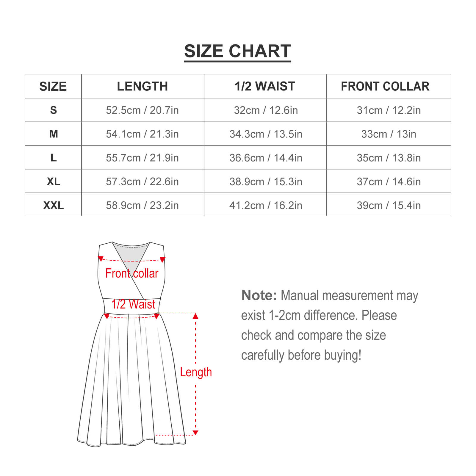 Ladies Sleeveless White Polka Dot Dress size chart, featuring chest, waist, and dress length measurements.