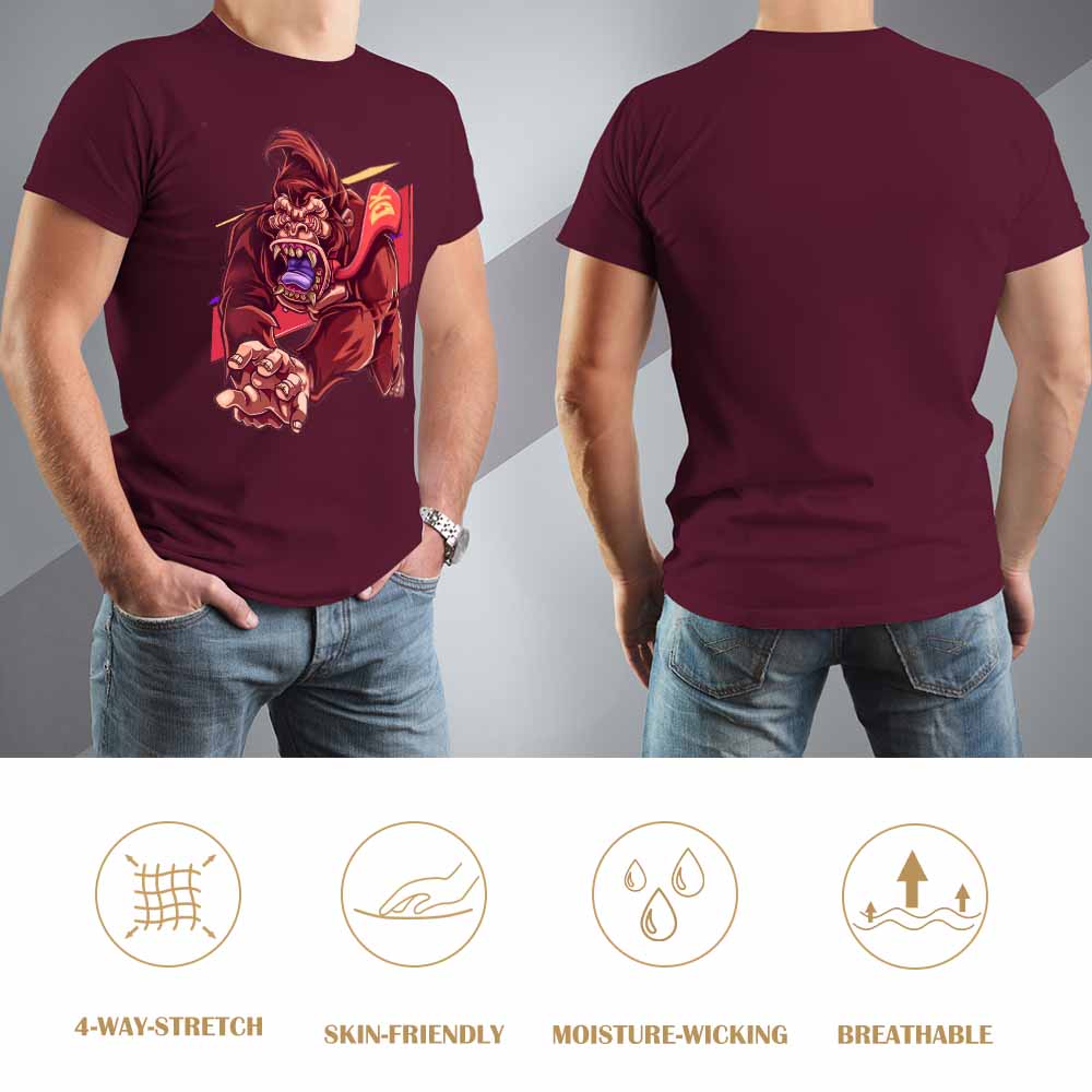 Maroon monster graphic tee - front & back. Inkedjoy. Cotton, breathable.
