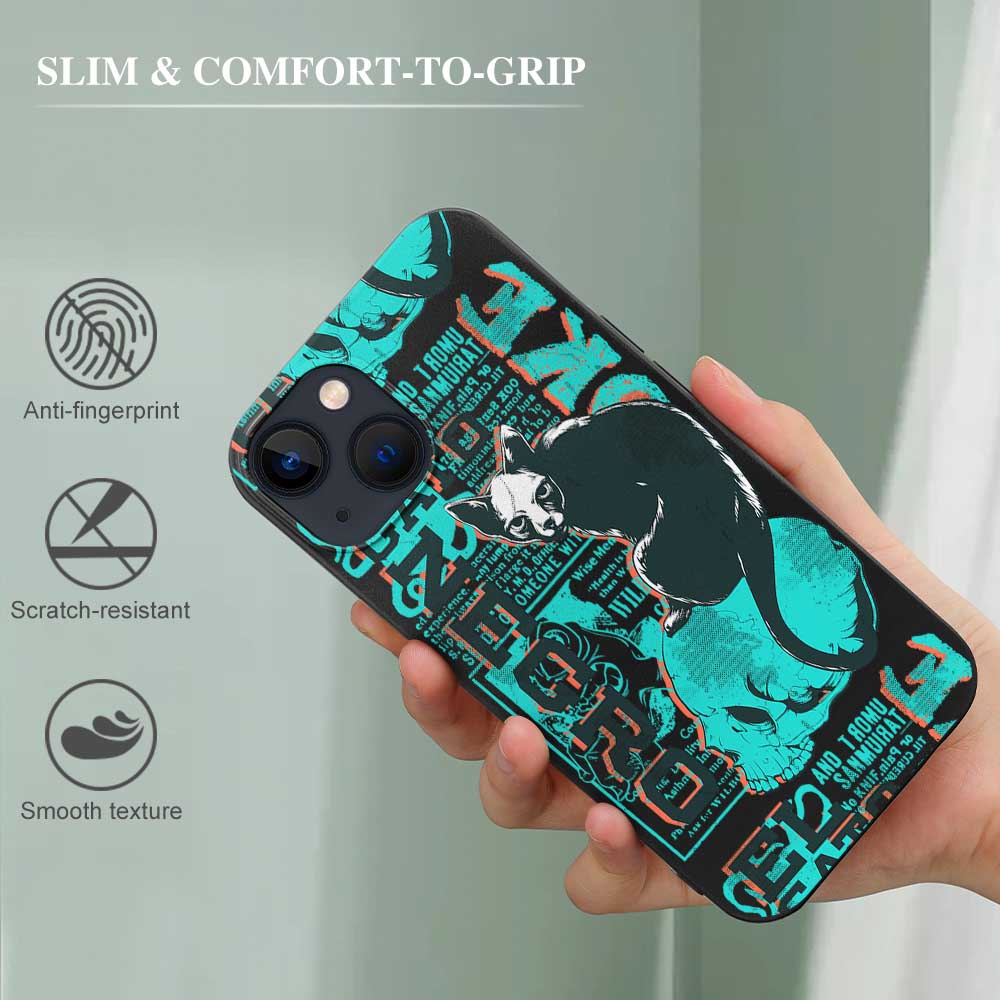 iPhone 13 case with black and green anime design, TPU material, wireless charging compatible, strong protection.