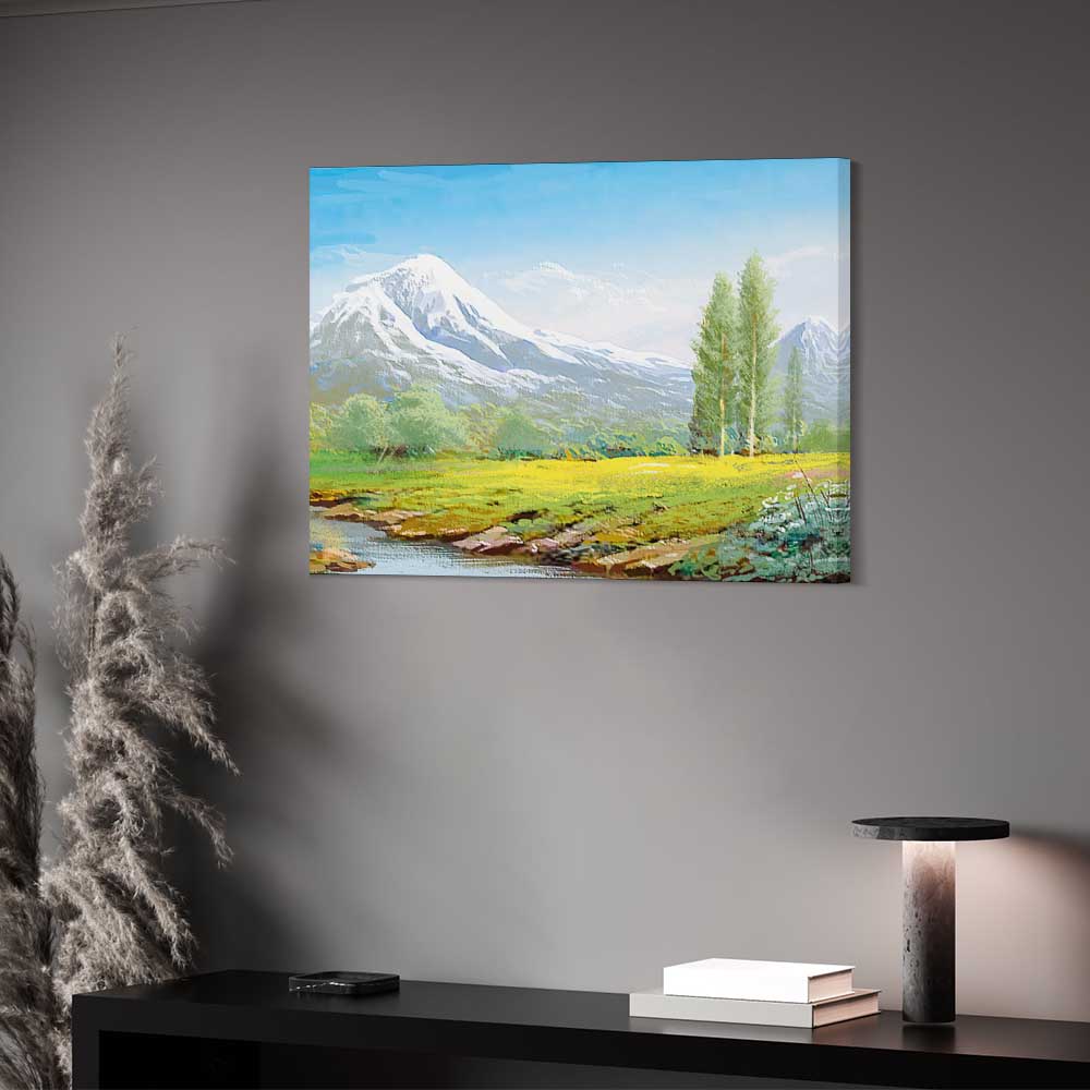 Canvas print of a mountain landscape in vibrant colors, perfect for wall decor. Unframed, high-quality canvas art.