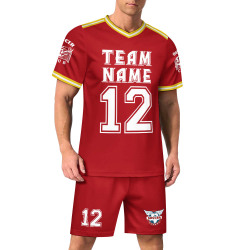 Red football suit set with TEAM NAME and number 12 printed, V-neck mesh material