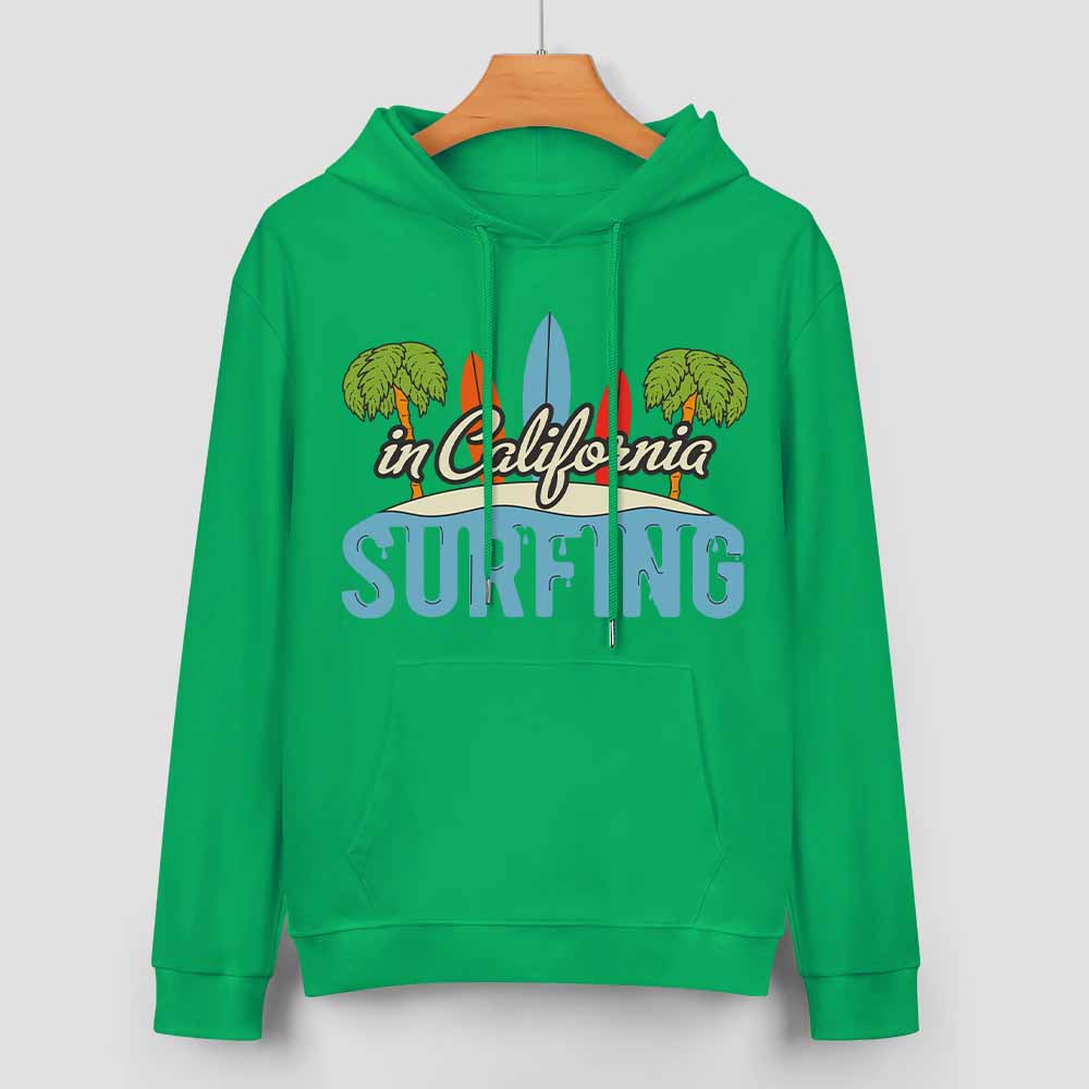 Green cotton California Surfing hoodie for daily wear. Loose fit design, comfortable and stylish.