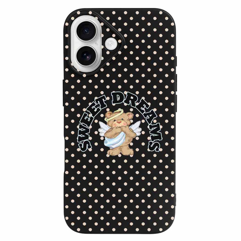 iPhone 16 TPU phone case with cartoon design, polka dots, and wireless charging support.